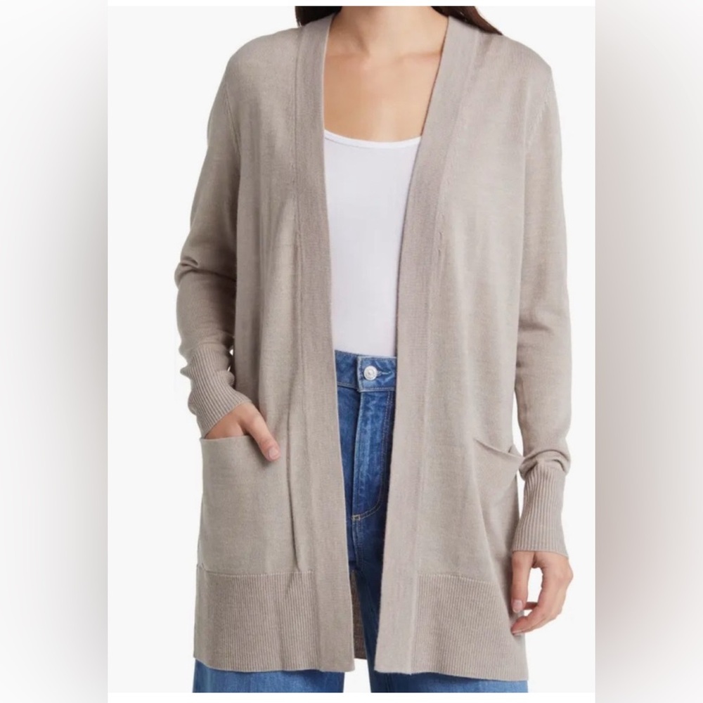 Nordstrom Womens Merino Wool Blend Open Front Cardigan Taupe‎ NC445335MI Size M